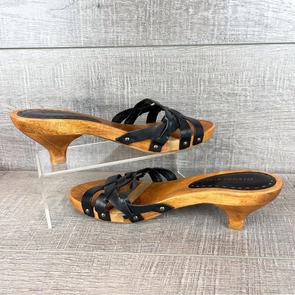Gianni Bini sz 8.5 Riley black leather cross strap wood clog heeled sandals
